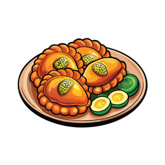 Create a realistic vector illustration of a plate brimming with golden-brown Thai curry puffs, showcasing their flaky pastry and savory filling.  Emphasis on detail and texture.