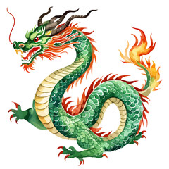 Watercolor hand drawn painting of a Chinese dragon. Mythical fairytale symbol of good fortune in China culture. Vector illustration of a  Oriental Eastern mythology, legen isolated on white background