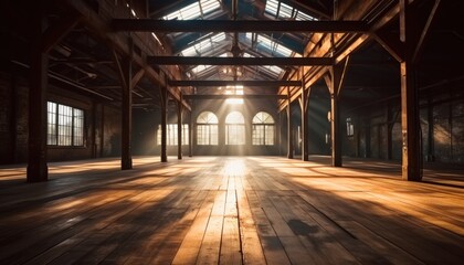 Sunlight Streams Through Windows in an Expansive Interior of an Old Factory with Wooden Floorboards and Industrial Beams