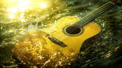 Naklejka premium A high-resolution image of an acoustic guitar in yellow and green tones, surrounded by water ripples and splashes under bright studio lights.