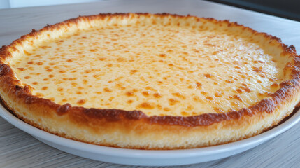 Cheese Pizza Crust: A close-up view of a freshly baked pizza crust, covered in a generous layer of melted mozzarella cheese.