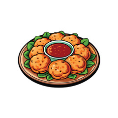 Create a realistic vector illustration of Thai shrimp cakes, Tod Mun Go, showcasing their texture, color, and appealing presentation.  Include vibrant details.
