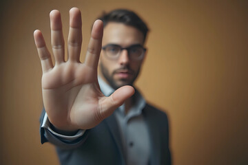 No More Concept,Stop Gesture. Man with raised opening hand making No more gesture