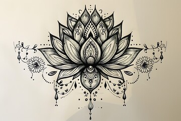 A detailed black ink drawing of an ornate mandala lotus flower with embellishments, delicate floral elements, and hanging droplets. Intricate design.