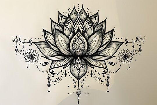 A detailed black ink drawing of an ornate mandala lotus flower with embellishments, delicate floral elements, and hanging droplets. Intricate design.