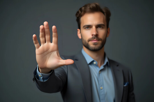 No More Concept,Stop Gesture. Man with raised opening hand making No more gesture