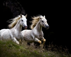 Obraz premium Two White Horses Running Free in the Night