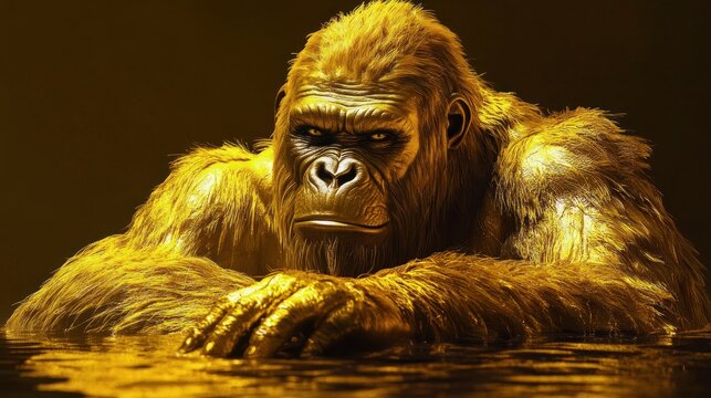 A lifelike golden King Kong with vibrant yellow fur highlights and polished gold skin, resting on a rippling water surface under focused studio lighting.