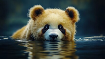 A lifelike golden panda with vibrant yellow accents and soft white fur, gently floating on rippled water under dramatic studio lighting.