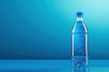 Clear bottle of water with bubbles against a blue background on a bright day