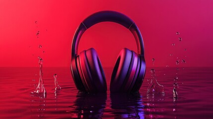 A lifelike pair of luxury wireless headphones in radiant red and subtle purple tones, surrounded by animated droplets and rippling water; the red backdrop adds contrast.