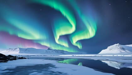 Naklejka premium Majestic Aurora Borealis Dancing Over Frozen Landscape with Reflective Waters at Night