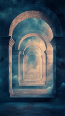 Fototapeta premium Mystical arched hallway leading to light through clouds.