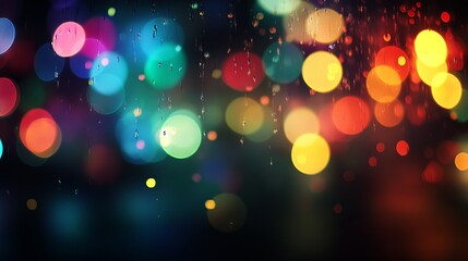 Vibrant multicolor bokeh with rainbow confetti and blurry night lights on black background