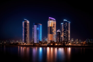 Naklejka premium Modern skyscrapers illuminated at night by the riverside in a bustling cityscape