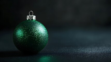 A Glittering Green Christmas Ornament Rests On A Dark Surface