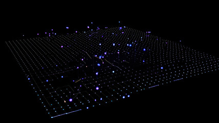 A detailed scatter plot with glowing blue and purple data points, set against a black digital-style grid, creating a futuristic and high-tech visualization of statistical data and trends.