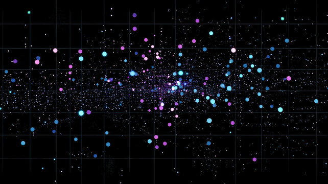 A detailed scatter plot with glowing blue and purple data points, set against a black digital-style grid, creating a futuristic and high-tech visualization of statistical data and trends.