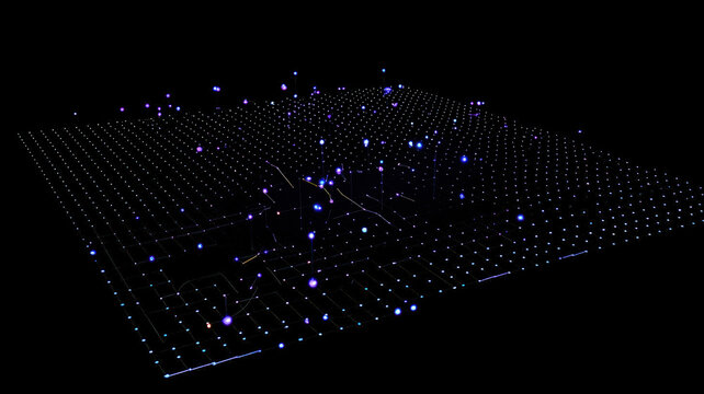 A detailed scatter plot with glowing blue and purple data points, set against a black digital-style grid, creating a futuristic and high-tech visualization of statistical data and trends.