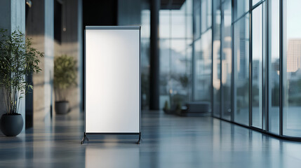 A blank rollup banner stand in a modern office with large windows, metal and glass elements on a dark background, concept of advertising