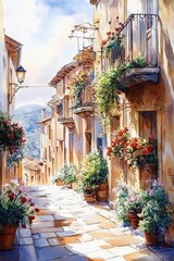 Charming vertical watercolor painting depicting a floral street in an Italian old town.