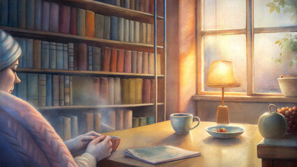 Cozy indoor scene with a woman enjoying tea, surrounded by books and soft light in a warm atmosphere