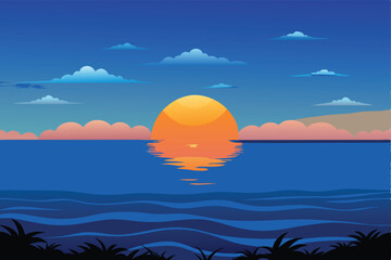 Create a serene vector illustration of a sunrise over a calm ocean; depict peaceful, soft colors and minimal details for a tranquil aesthetic.