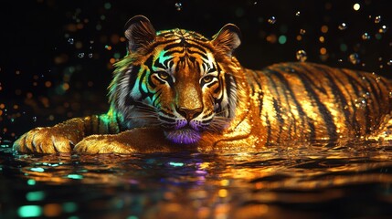 A luxurious tiger in shimmering gold, with dynamic green and purple details, resting amidst rippling water and animated droplets under soft studio lights.