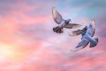 Fototapeta premium Three pigeons in flight against a breathtaking pastel sunset. Soft pink and blue hues dominate the sky as the birds gracefully soar.