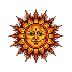 Create a vector illustration of a sun with a face, engraved style, detailed and intricate, showcasing a vintage aesthetic.