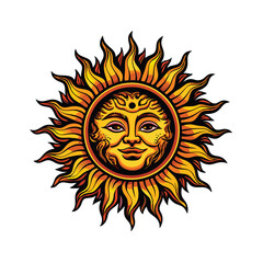 Create a vector illustration of a sun with a face, engraved style.  Focus on intricate details and shading.