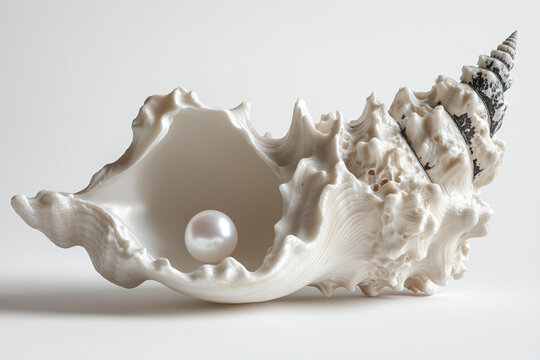 Delicate shell with lustrous pearl resting inside on a light surface