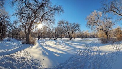Winter Wonderland: Sunlit Snow-Covered Forest Path