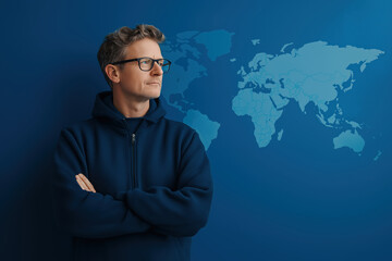 Professional man in glasses poses thoughtfully in front of a world map