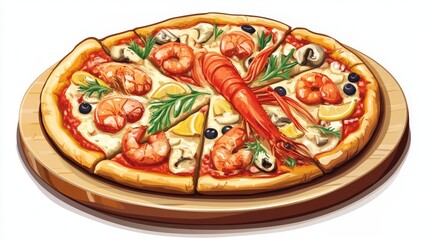 seafood pizza on a round board illustration.