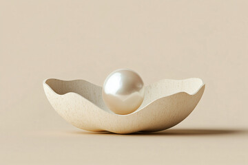 Elegant pearl resting in a smooth, white bowl on a soft, neutral background