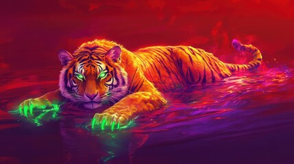A mythical golden tiger with glowing green claws and a radiant purple aura, floating majestically on calm water against a bold red backdrop.