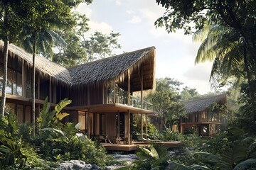 Luxury Tropical Bamboo Villas with Thatched Roofs Nestled in Lush Jungle Paradise