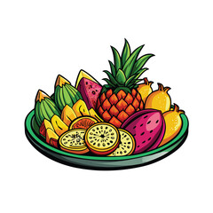 Create a vibrant vector illustration of a colorful Thai fruit platter featuring sliced mangoes, rambutan, mangosteen, and dragon fruit.  Show the fruit arranged attractively.