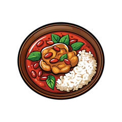 Create a vibrant vector illustration of Gaeng Daeng, a spicy red Thai curry, showcasing its rich color and key ingredients.  Include details like chilies, coconut milk, and herbs.