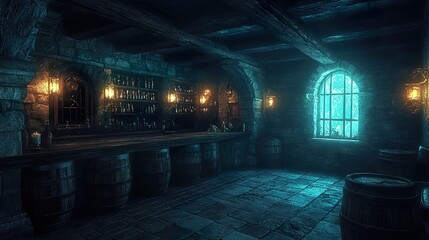 Fototapeta premium Medieval Tavern: Dark, Mystical Bar Interior