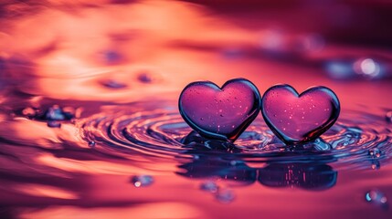 Fototapeta premium A pair of hearts in vibrant pink and gradient purple hues, surrounded by animated droplets and ripples under bright lighting; the red background adds warmth.