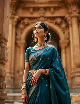 Portrait of beautiful woman in traditional saree in front of a heritage building