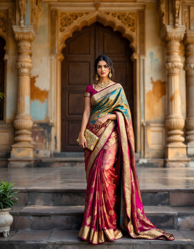 Portrait of beautiful woman in traditional saree in front of a heritage building