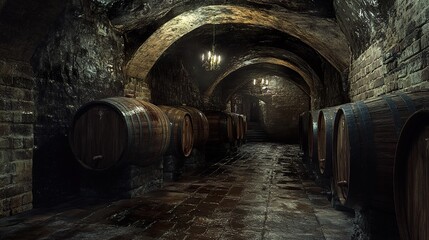 Dark and Mysterious Wine Cellar: Aged Barrels in Historic Winery