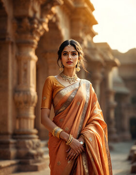 Portrait of beautiful woman in traditional saree in front of a heritage building