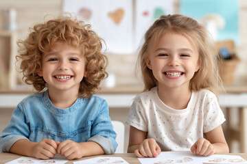 Fototapeta premium Joyful children engaged in creative art activity at home during a sunny afternoon