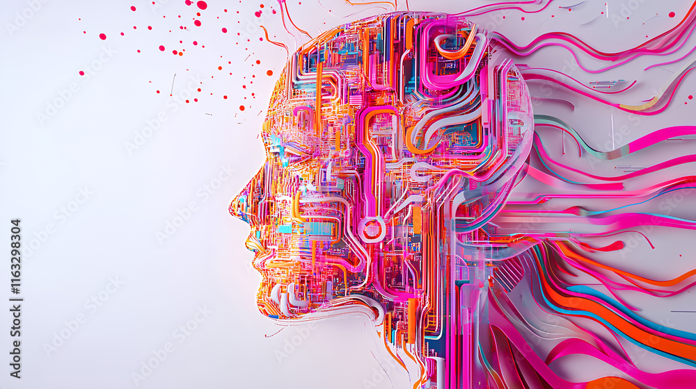 Wall mural ai symbol adorned with complex circuit layout on a white background. surrounded by colorful, flowing