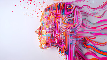 AI symbol adorned with complex circuit layout on a white background. Surrounded by colorful, flowing elements 