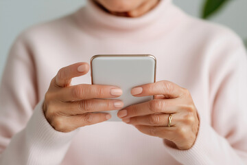 Woman holding smartphone and interacting with mobile app in cozy indoor setting